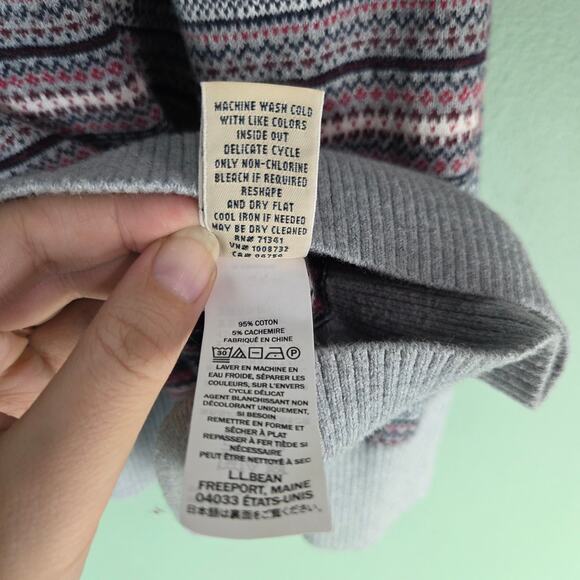 LL Bean Womens Cardigan Sweater 3X Fair Isle Nordic Gray Holiday Cashmere Blend - Picture 6 of 6